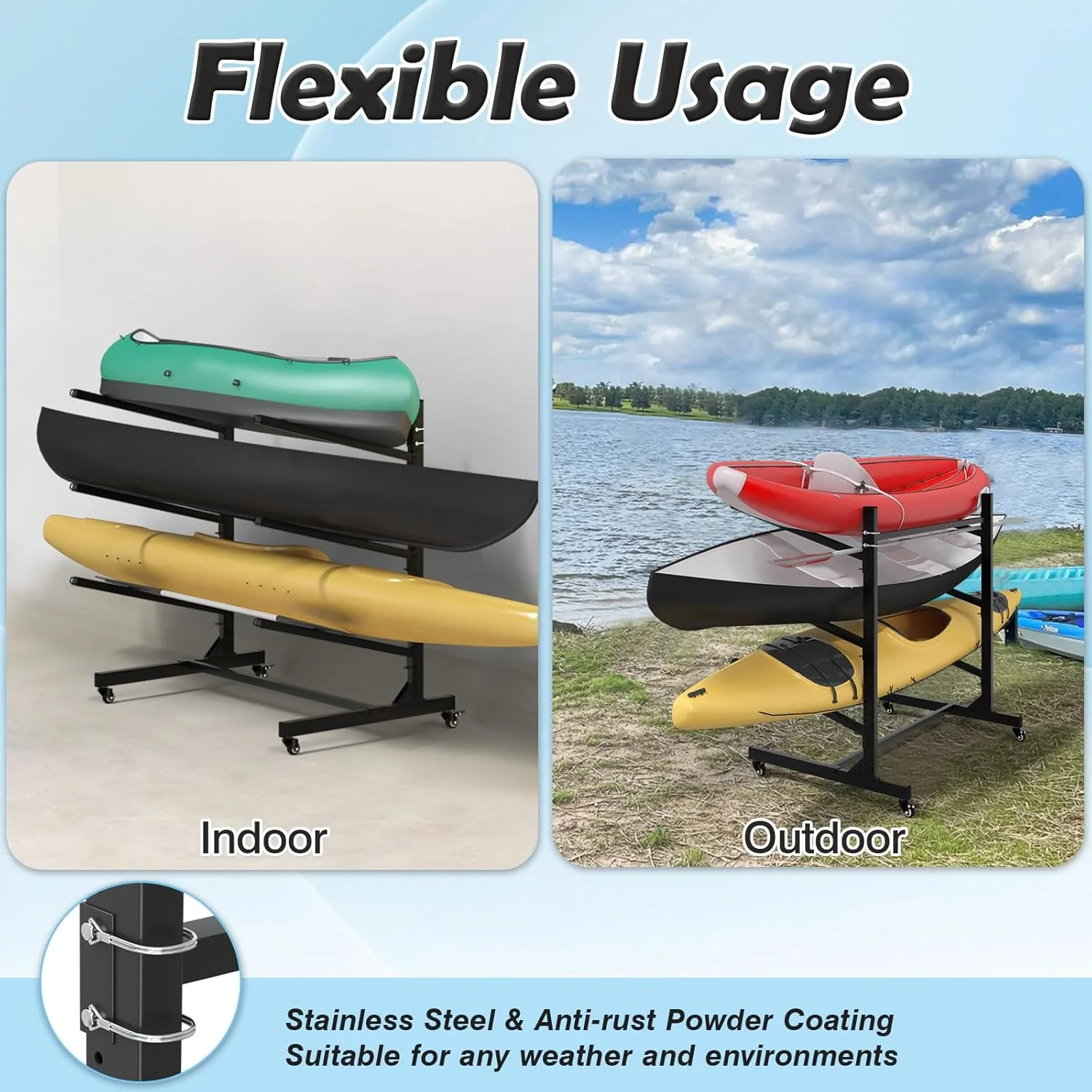 Heavy-Duty 3–4 Tier Kayak Storage Rack with Wheels – Adjustable Freestanding Kayak & Paddleboard Rack KR4TBLK - Image 4