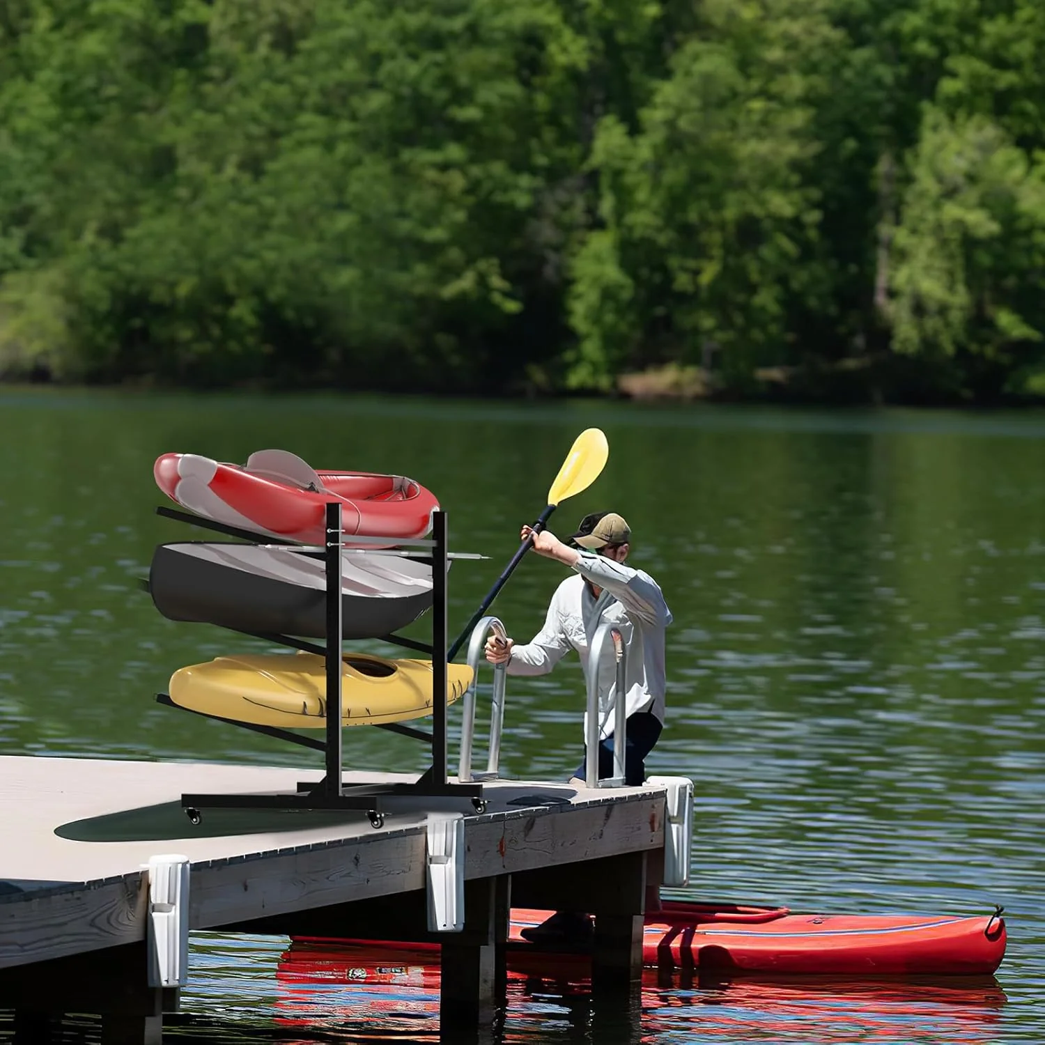Heavy-Duty 3–4 Tier Kayak Storage Rack with Wheels – Adjustable Freestanding Kayak & Paddleboard Rack KR4TBLK - Image 7