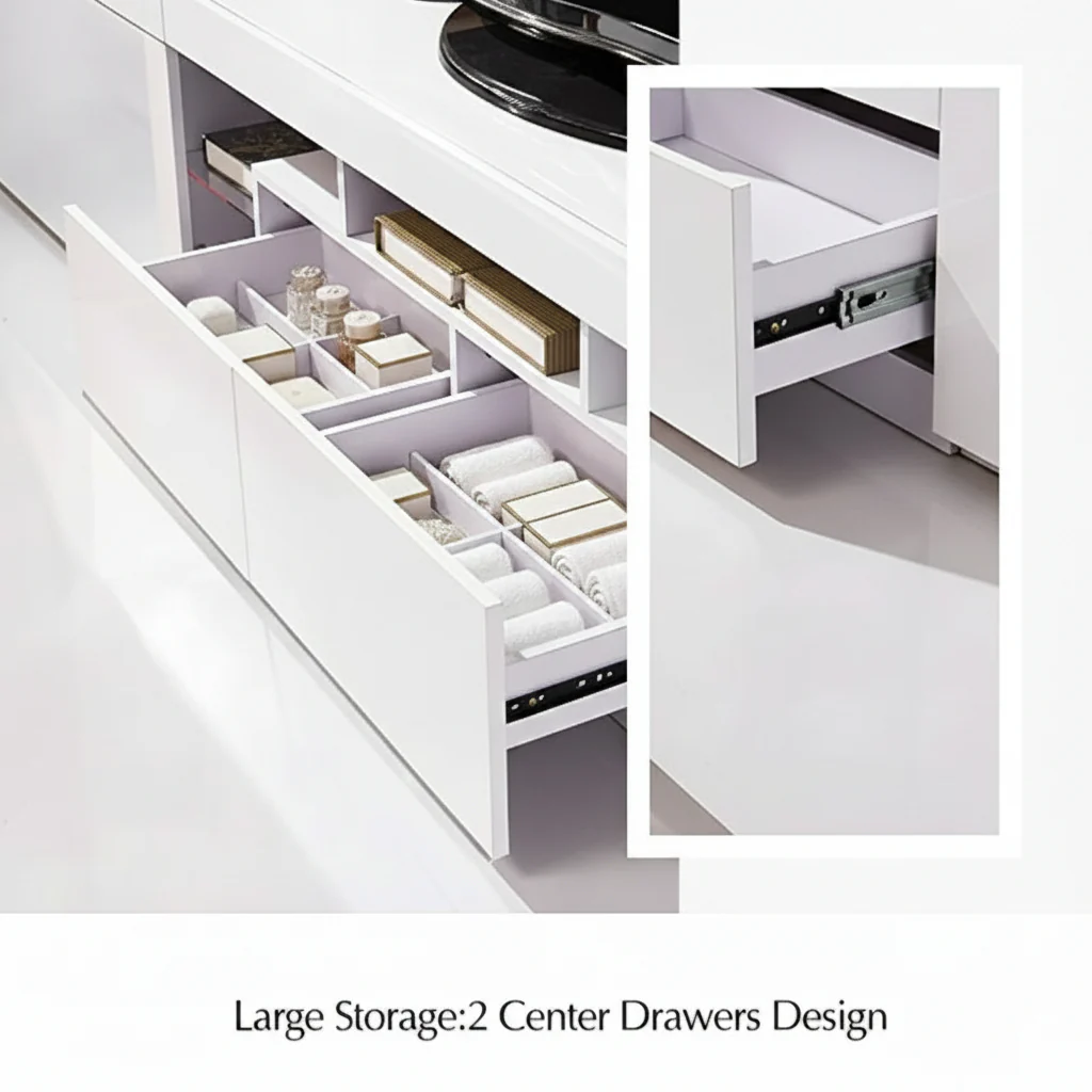 High Gloss White LED TV Stand – Modern Entertainment Center with Storage Shelves & Remote-Controlled Lights - Image 2
