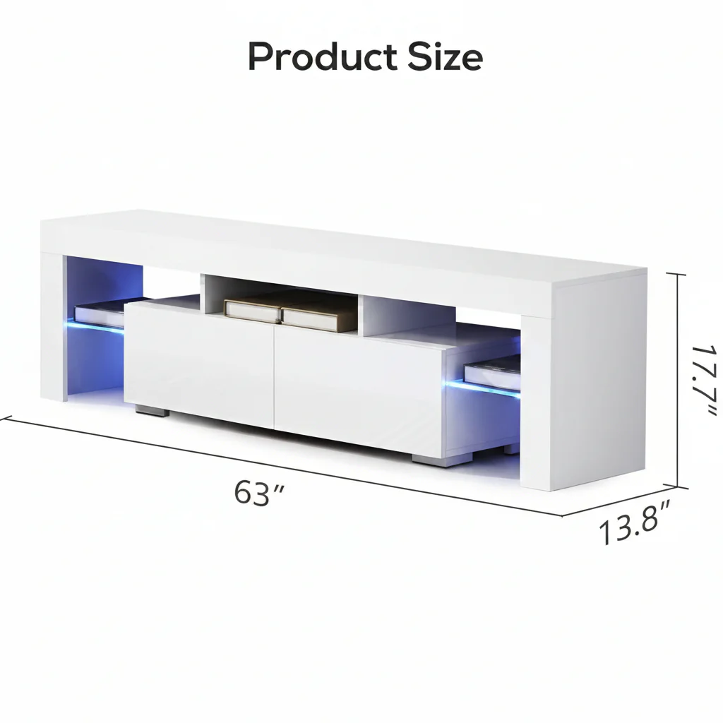 High Gloss White LED TV Stand – Modern Entertainment Center with Storage Shelves & Remote-Controlled Lights - Image 3