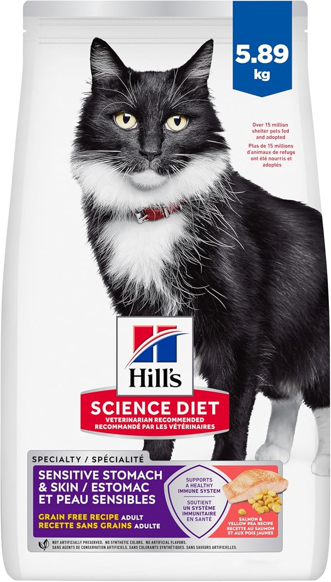 Hill’s Science Diet Sensitive Stomach & Skin Adult Dry Cat Food – Grain-Free Salmon & Yellow Peas, 5.9 kg