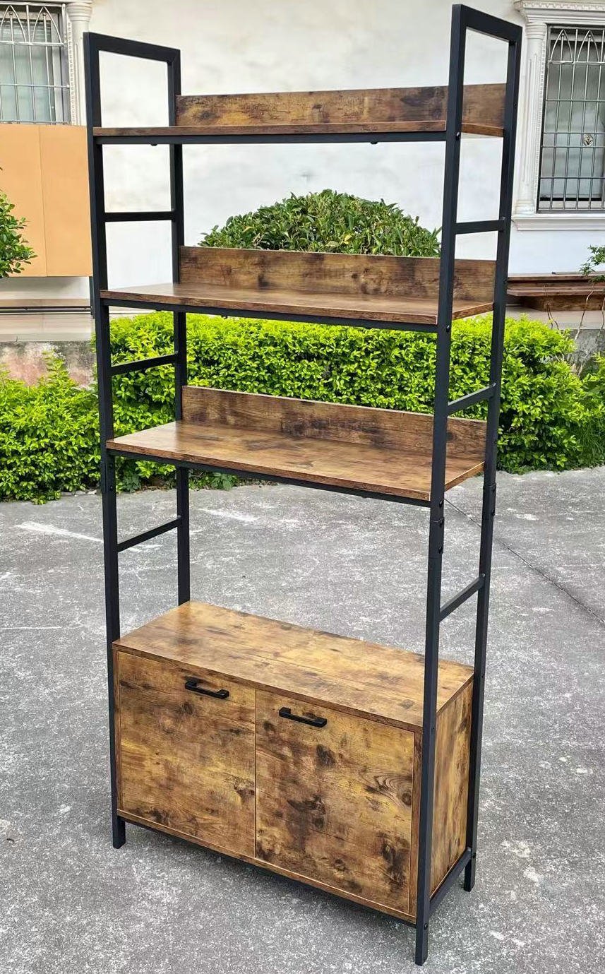 Industrial 3-Tier Bookcase with 2 Storage Cabinets – Rustic Metal & Wood Ladder Shelf TLBC2103