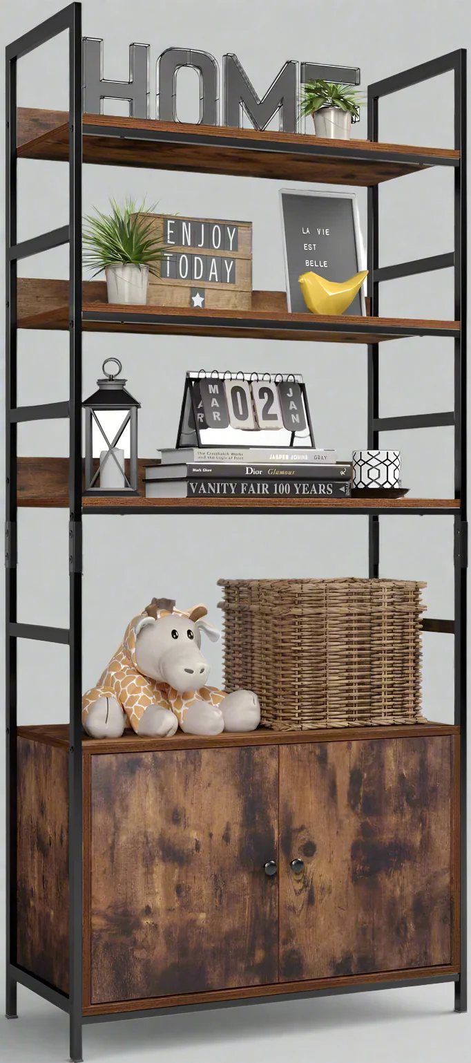 Industrial 3-Tier Bookcase with 2 Storage Cabinets – Rustic Metal & Wood Ladder Shelf TLBC2103 - Image 2