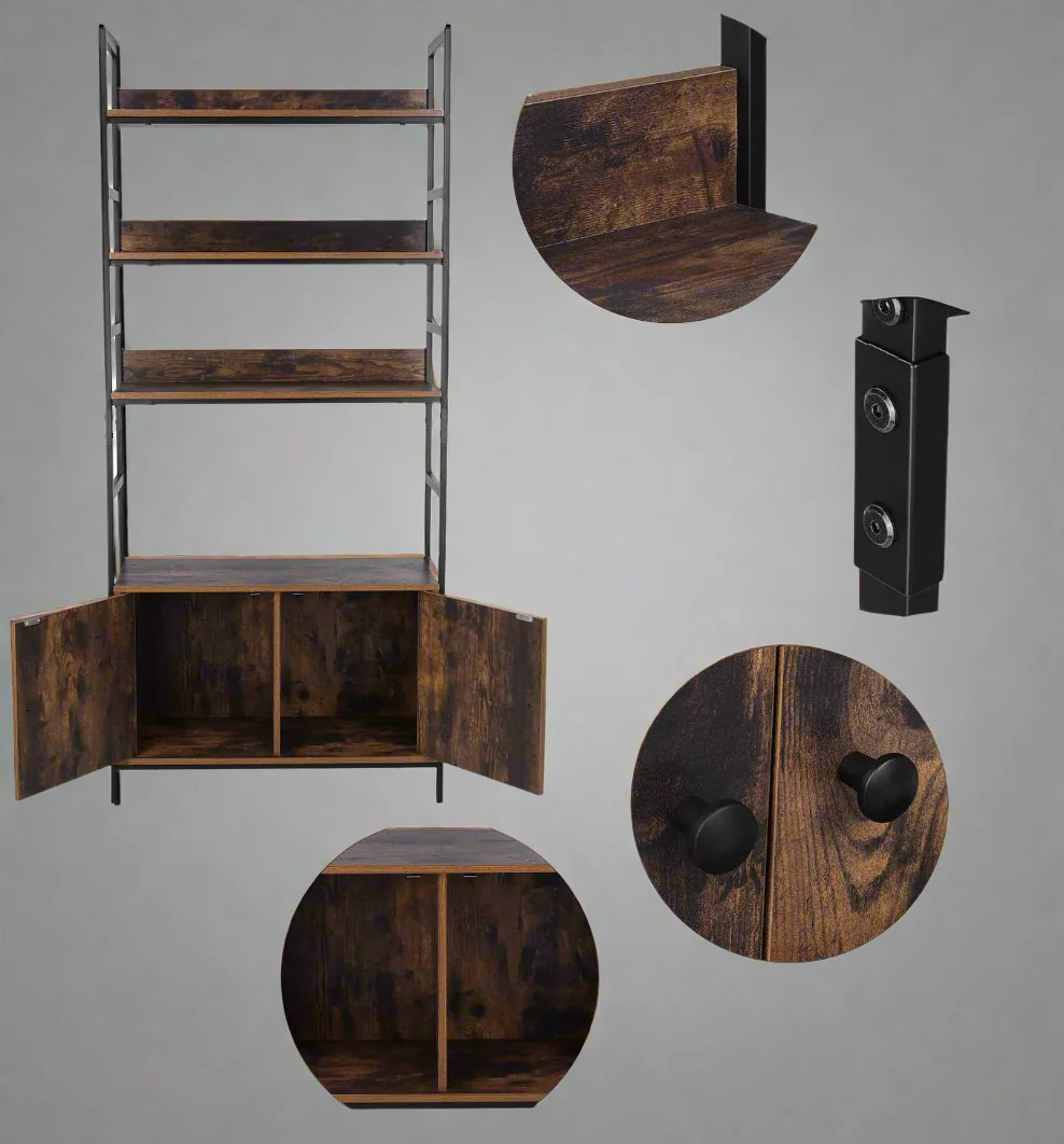 Industrial 3-Tier Bookcase with 2 Storage Cabinets – Rustic Metal & Wood Ladder Shelf TLBC2103 - Image 3