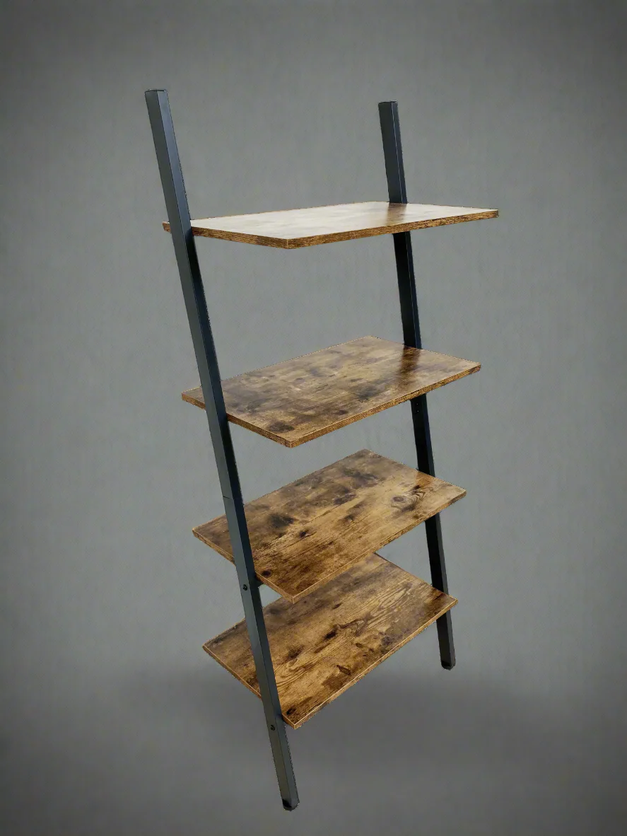 Industrial 4-Tier Ladder Bookshelf – Rustic Brown Metal Frame Storage Rack TLB2106