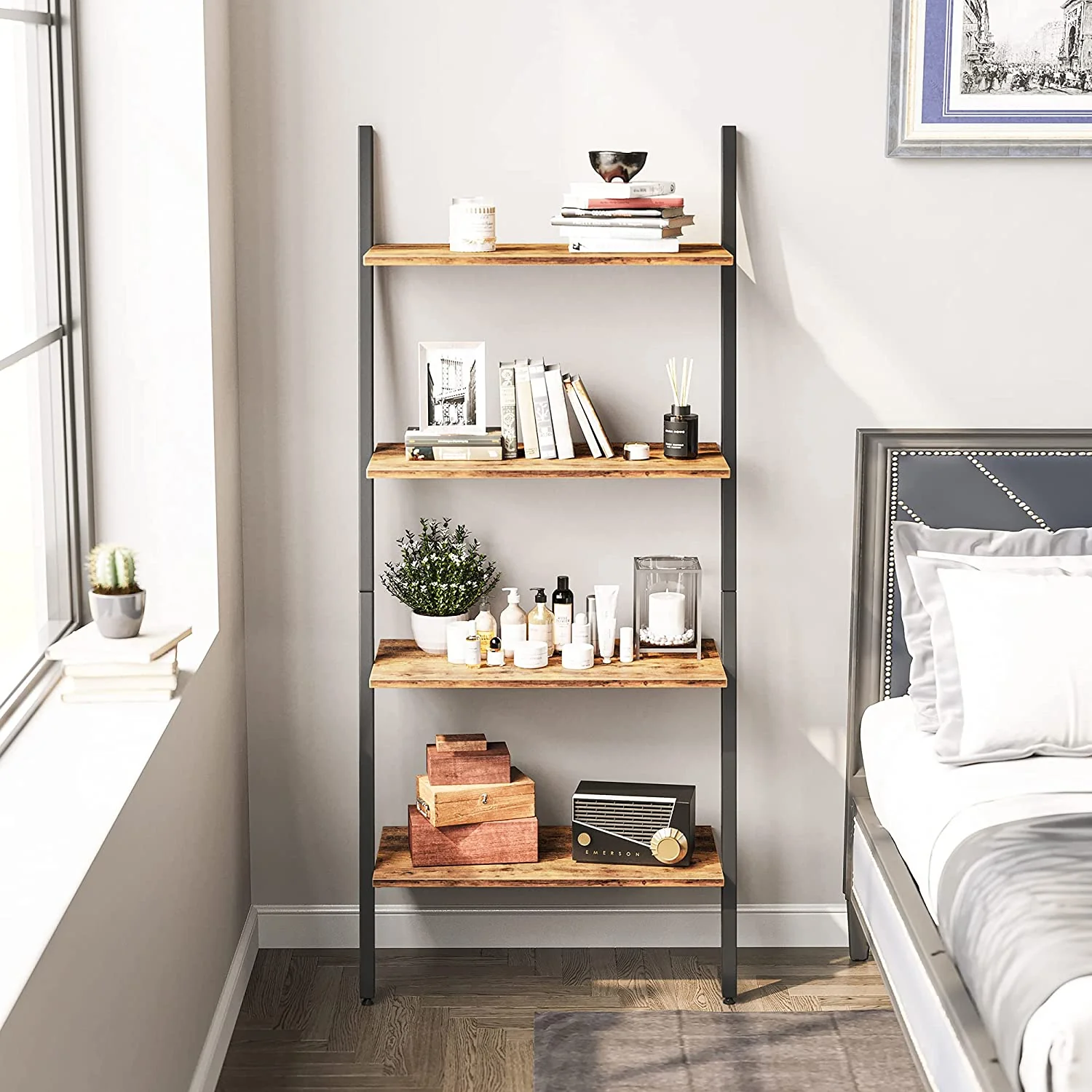 Industrial 4-Tier Ladder Bookshelf – Rustic Brown Metal Frame Storage Rack TLB2106 - Image 2