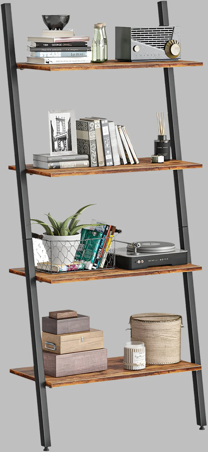 Industrial 4-Tier Ladder Bookshelf – Rustic Brown Metal Frame Storage Rack TLB2106 - Image 3
