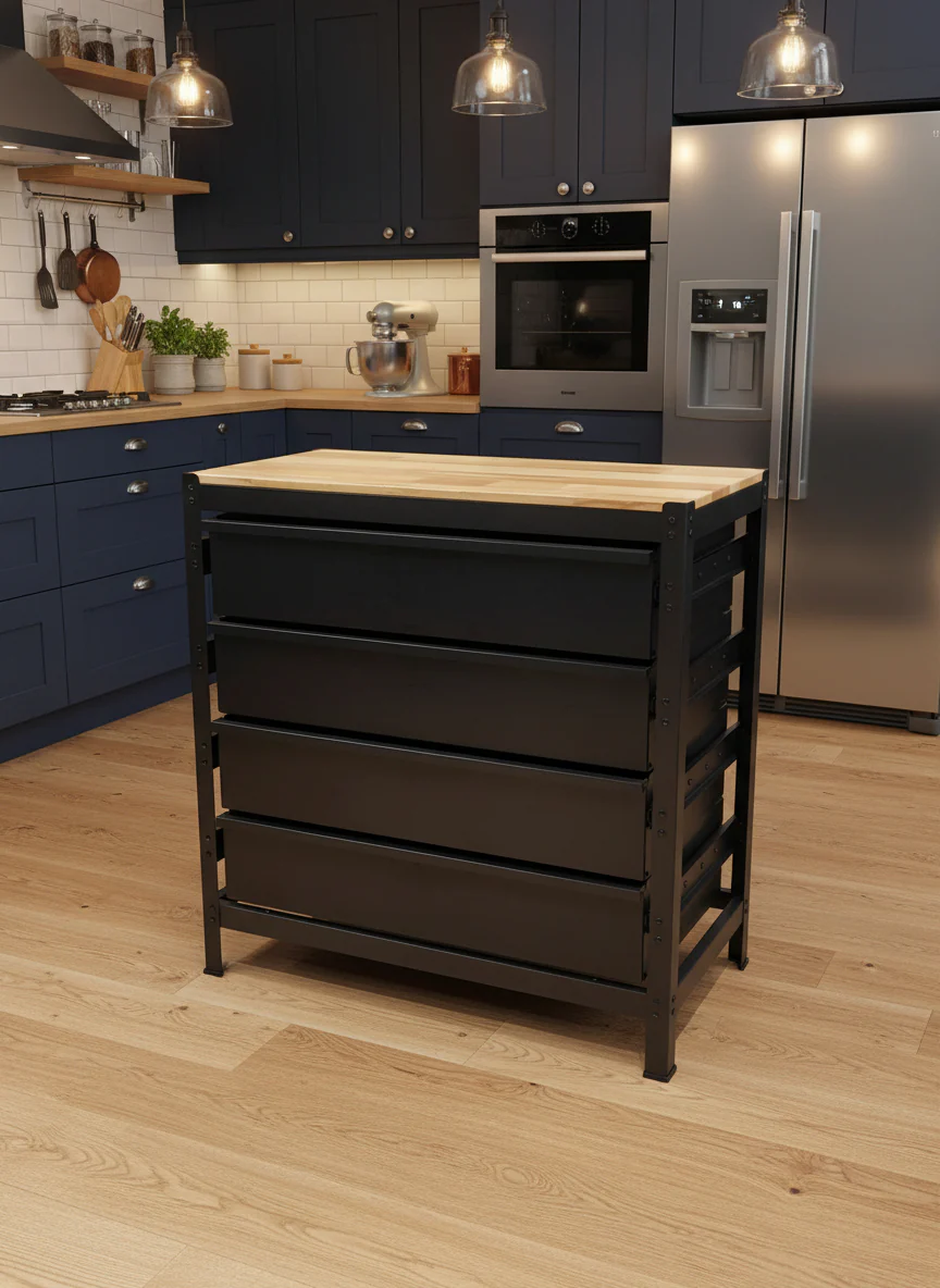 Industrial Steel Workbench Island Kitchen with Hardwood top Top & 4 Drawers, 33″ x 16″ – Black 2506152
