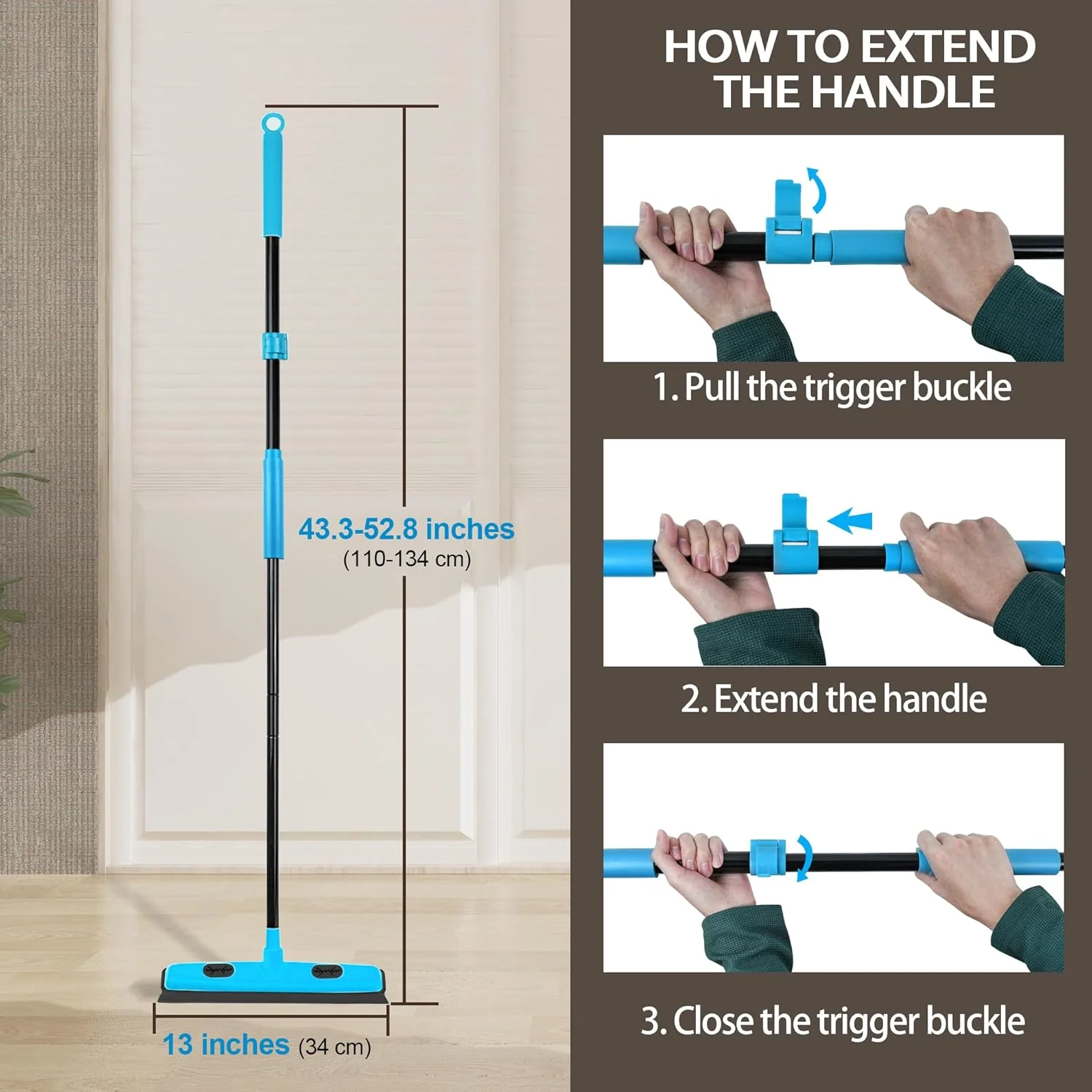 3-in-1 Rubber Carpet Rake Broom with Squeegee 52.8" Adjustable Handle Pet Hair Remover Tool