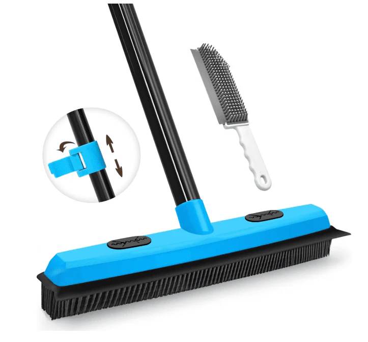 3-in-1 Rubber Carpet Rake Broom with Squeegee 52.8" Adjustable Handle Pet Hair Remover Tool - Image 2