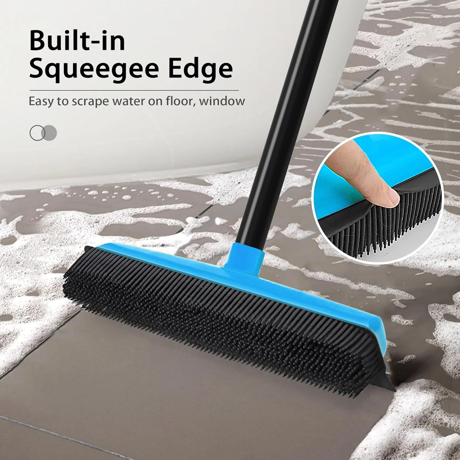 3-in-1 Rubber Carpet Rake Broom with Squeegee 52.8" Adjustable Handle Pet Hair Remover Tool - Image 6