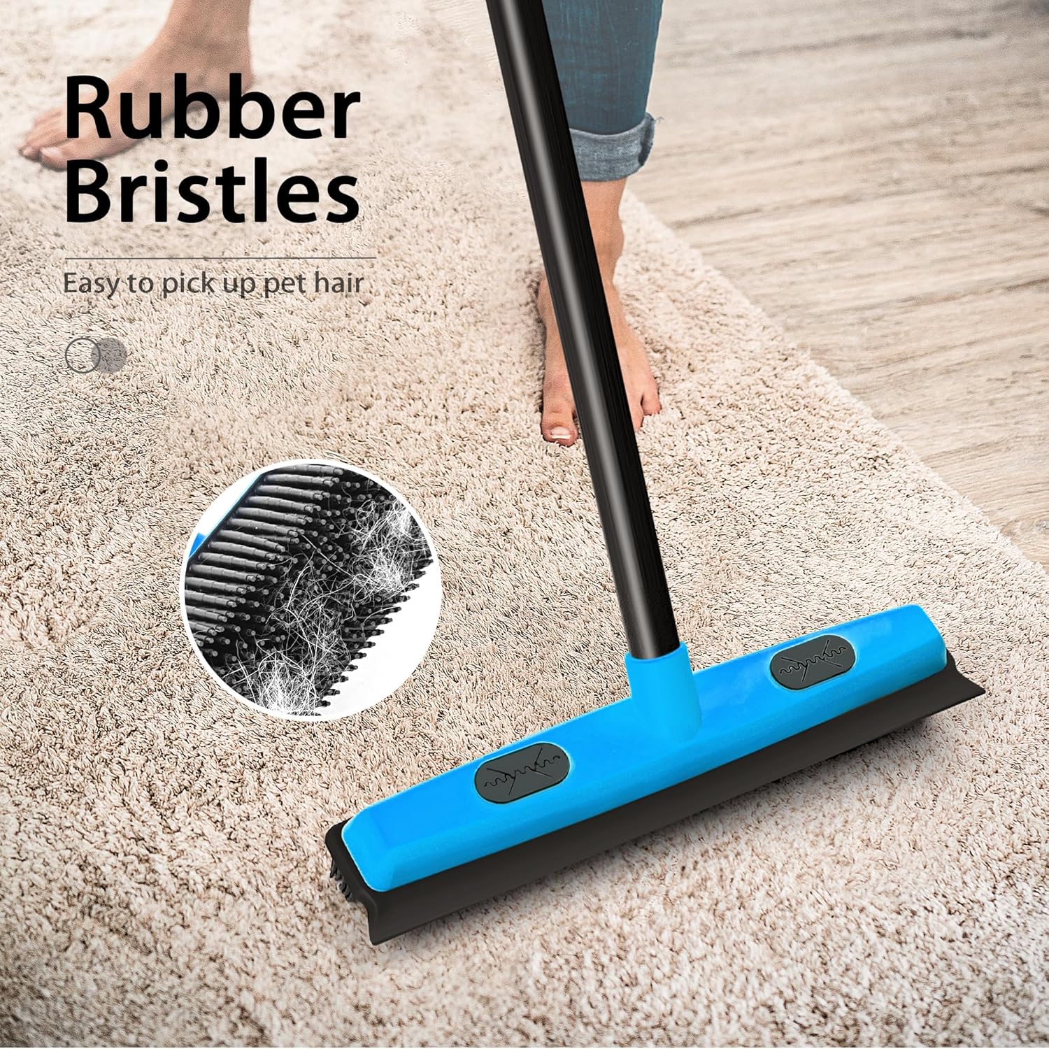 3-in-1 Rubber Carpet Rake Broom with Squeegee 52.8" Adjustable Handle Pet Hair Remover Tool - Image 7