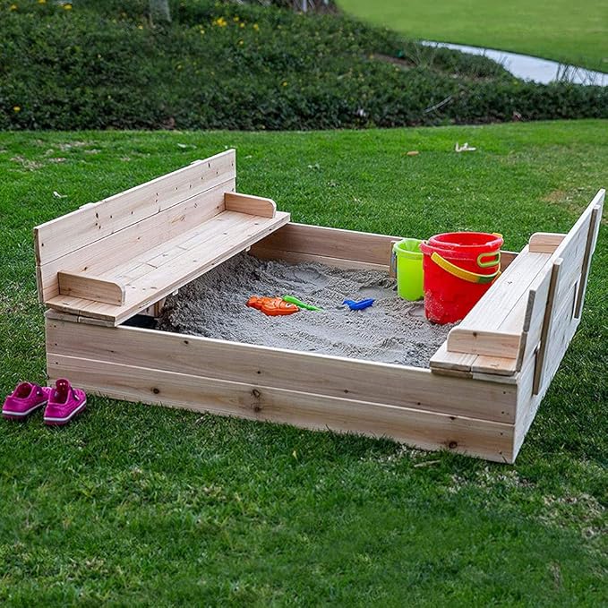 Kids Wooden Sandbox with Lockable Cover – Outdoor Backyard Play Structure | C529