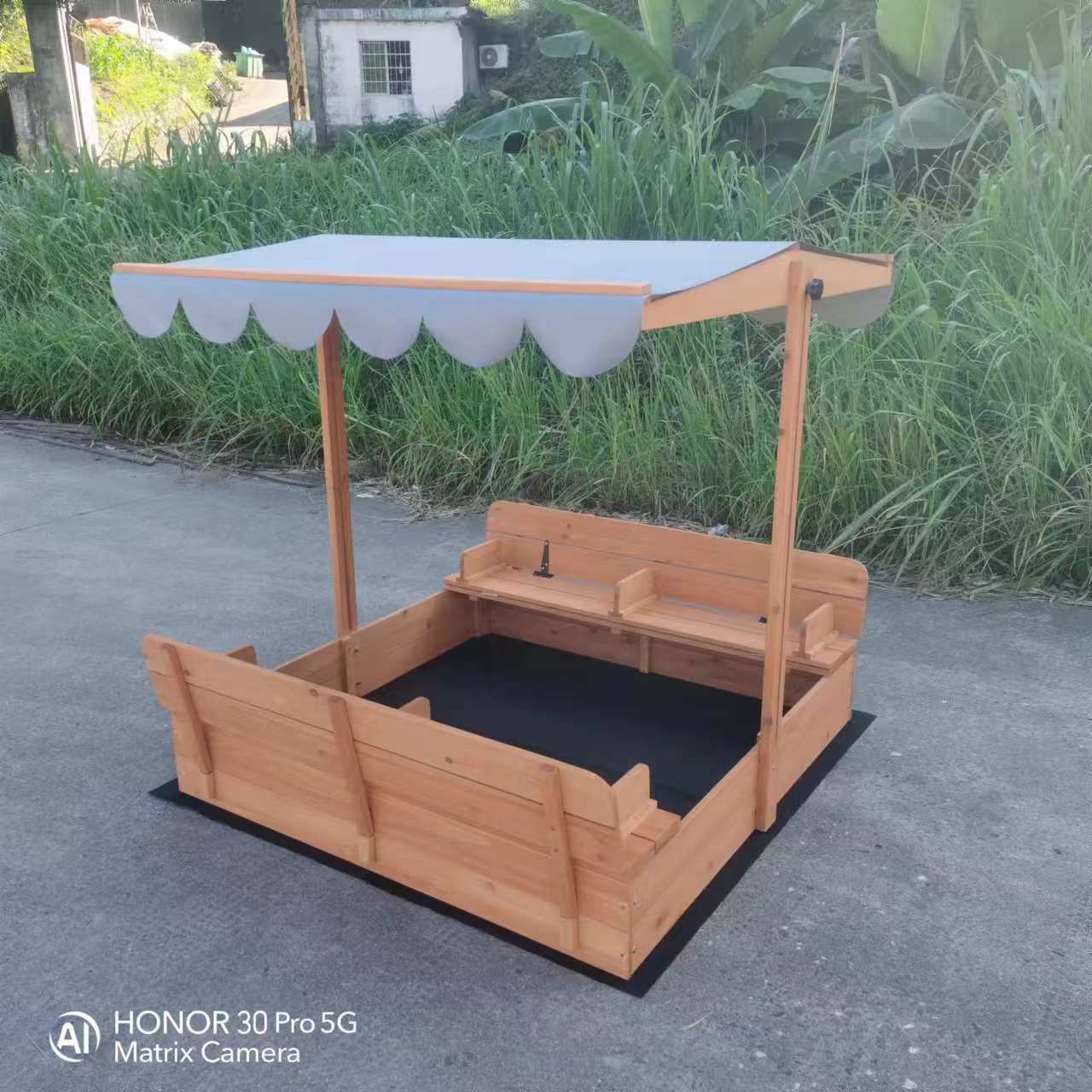 Kids Wooden Sandbox with Adjustable Lid & Canopy – Outdoor Playset with Benches (MSHSB6302)