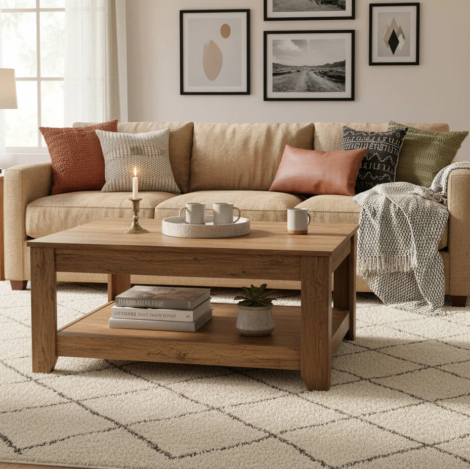 Modern & Rustic Oak Coffee Table Collection – Dark Gray Oak or Knotty Oak Storage Center Table for Living Room | TLC252 Series