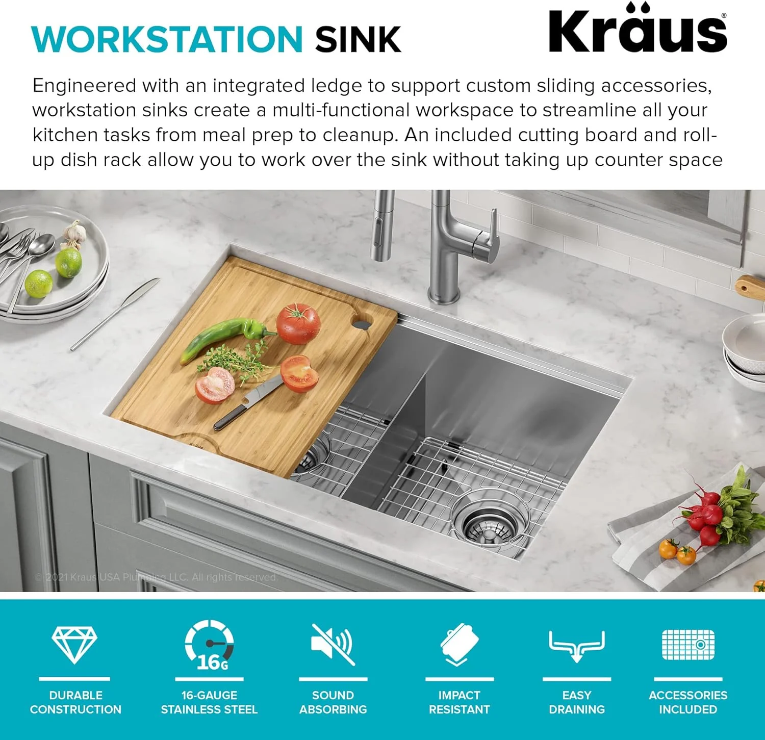 KRAUS Kore Workstation 30-inch Undermount 16 Gauge Stainless Steel Kitchen Sink, Double Bowl Kitchen Sink with Accessories, KWU112-30 - Image 3