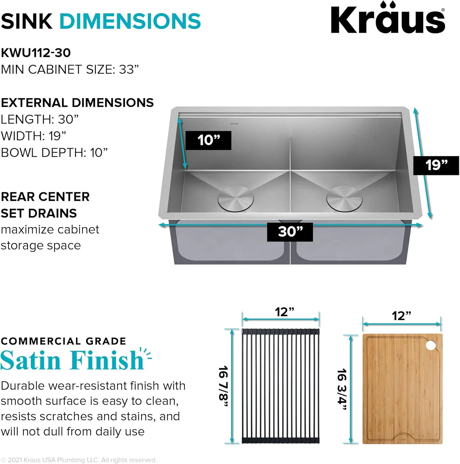KRAUS Kore Workstation 30-inch Undermount 16 Gauge Stainless Steel Kitchen Sink, Double Bowl Kitchen Sink with Accessories, KWU112-30 - Image 4