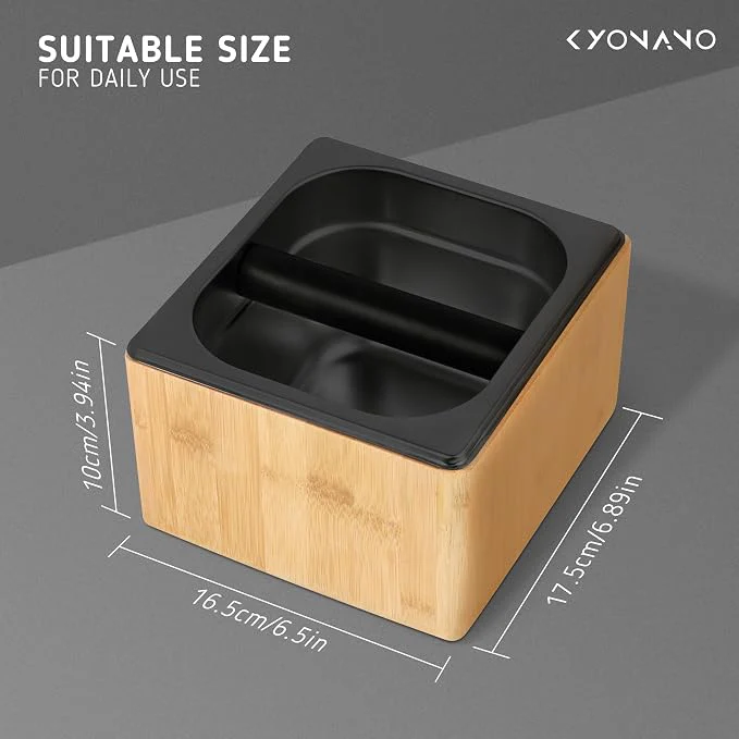 KYONANO Bamboo Espresso Knock Box – Coffee Grounds Bin with Knock Bar and Non-Slip Base - Image 2