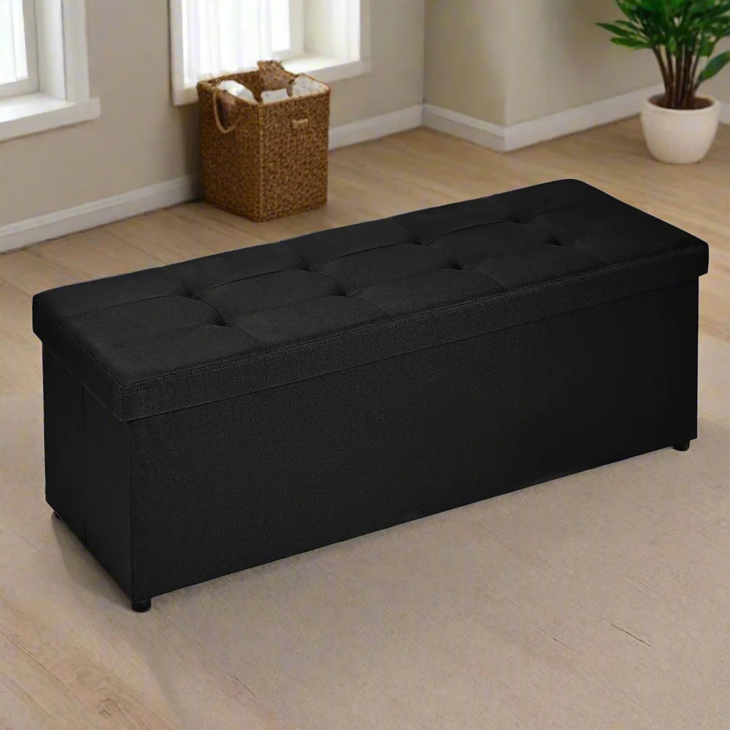 New Large Black Storage Ottoman Bench | Foldable Tufted Seat Chest | Bedroom, Entryway, or Living Room AM0TM110
