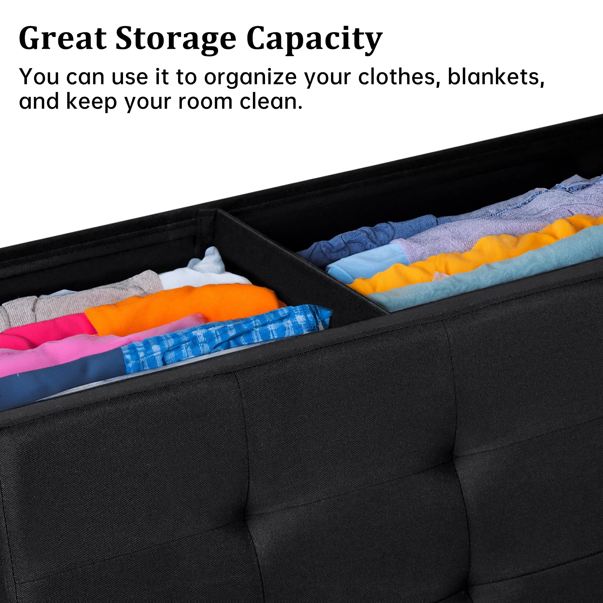 New Large Black Storage Ottoman Bench | Foldable Tufted Seat Chest | Bedroom, Entryway, or Living Room AM0TM110 - Image 3