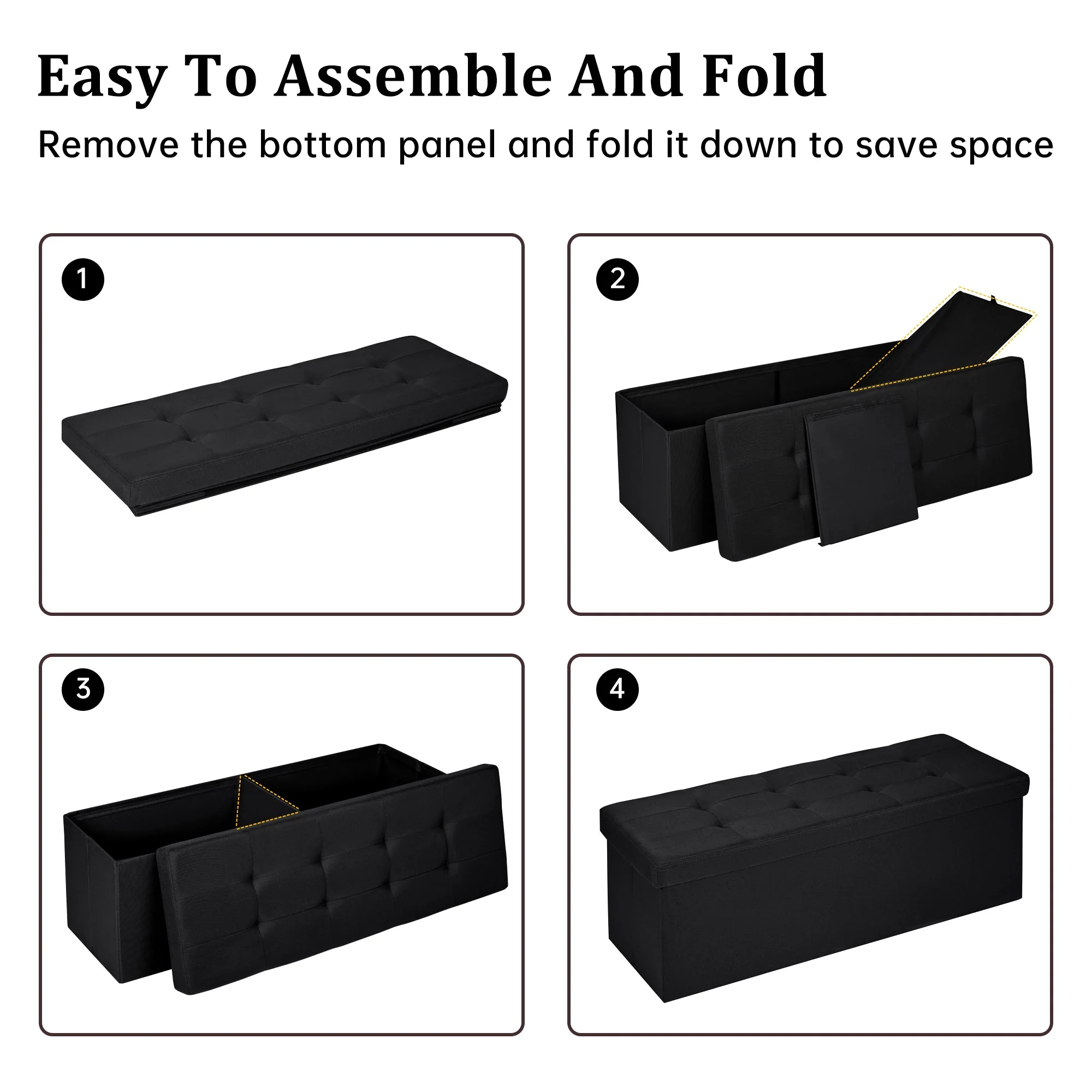 New Large Black Storage Ottoman Bench | Foldable Tufted Seat Chest | Bedroom, Entryway, or Living Room AM0TM110 - Image 4