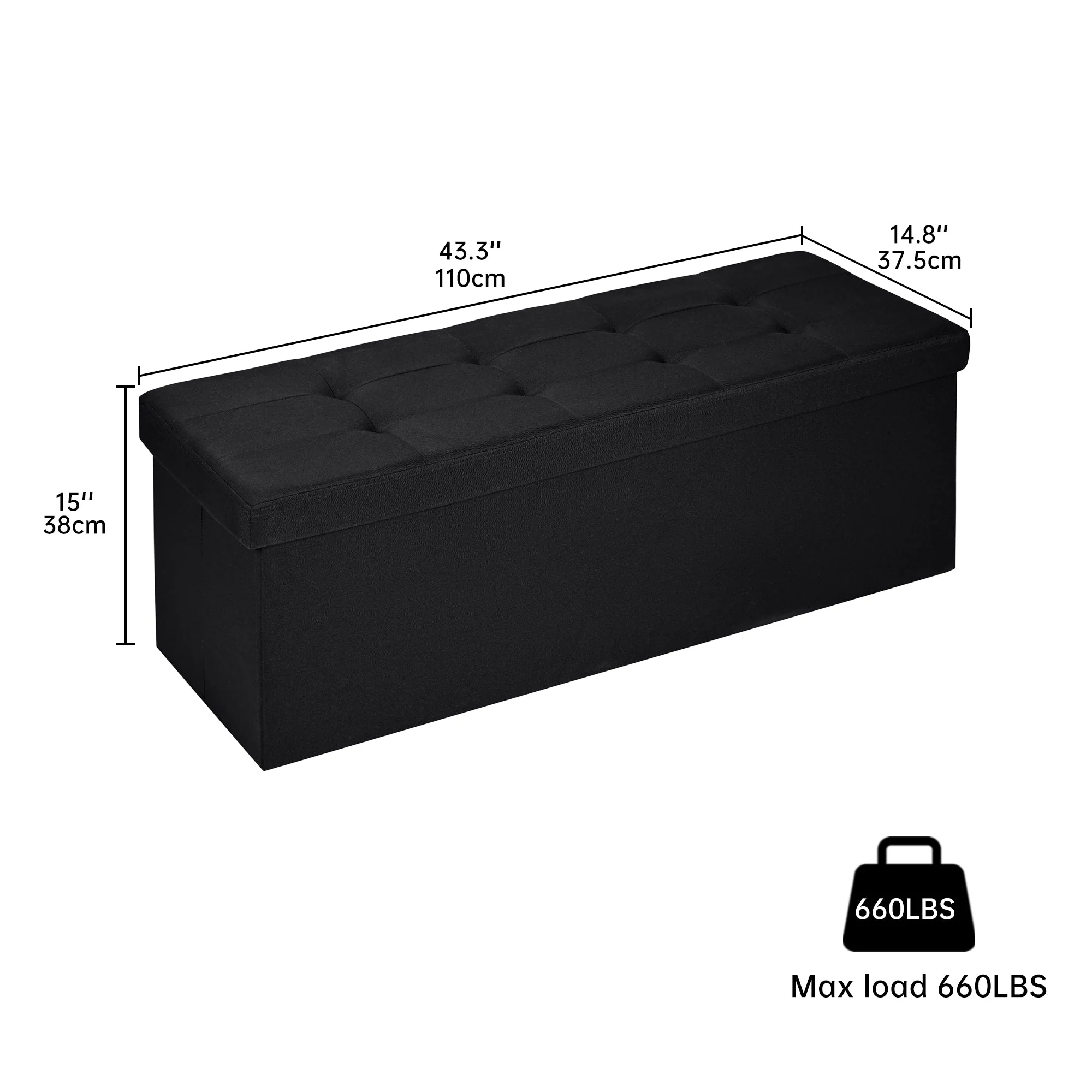 New Large Black Storage Ottoman Bench | Foldable Tufted Seat Chest | Bedroom, Entryway, or Living Room AM0TM110 - Image 5