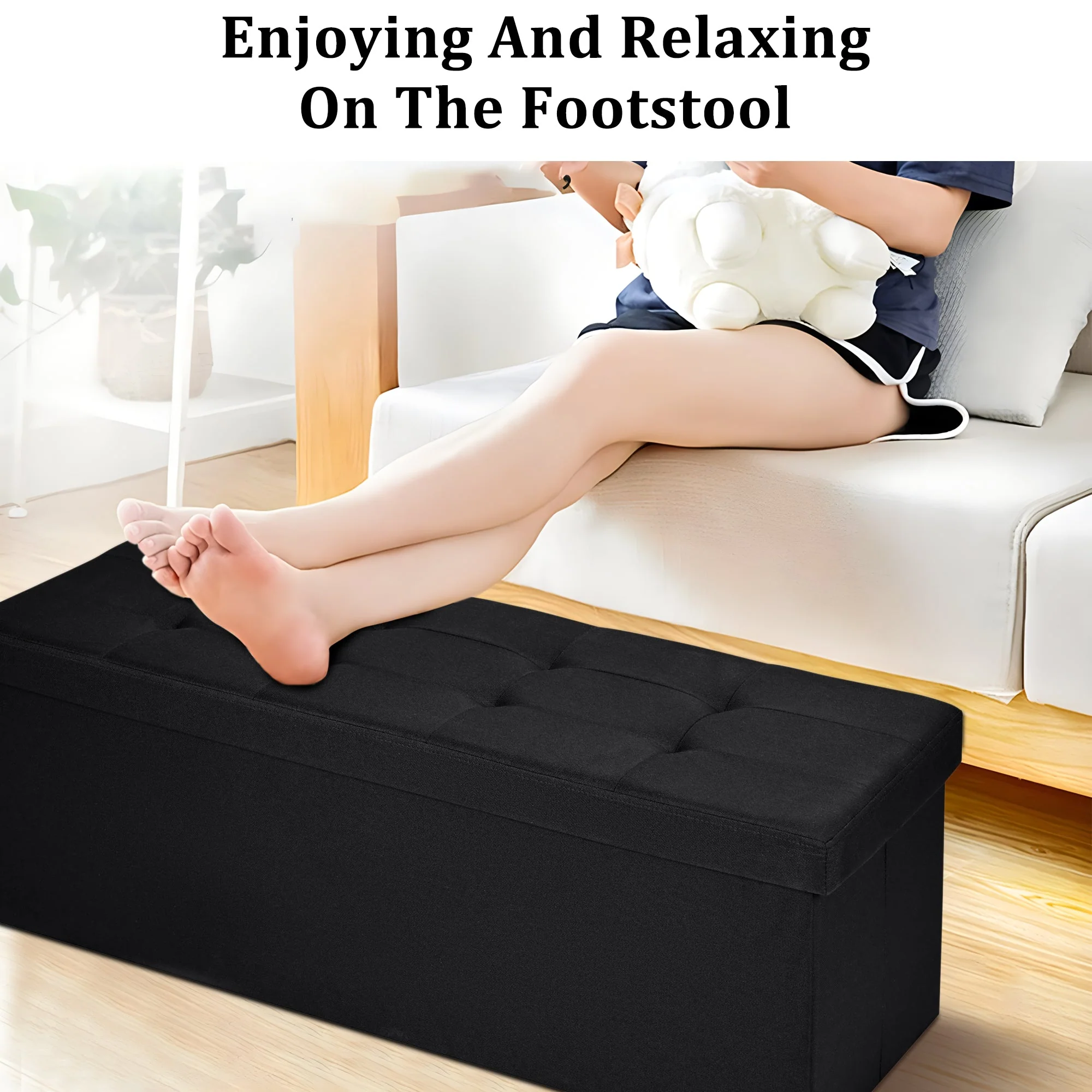 New Large Black Storage Ottoman Bench | Foldable Tufted Seat Chest | Bedroom, Entryway, or Living Room AM0TM110 - Image 6