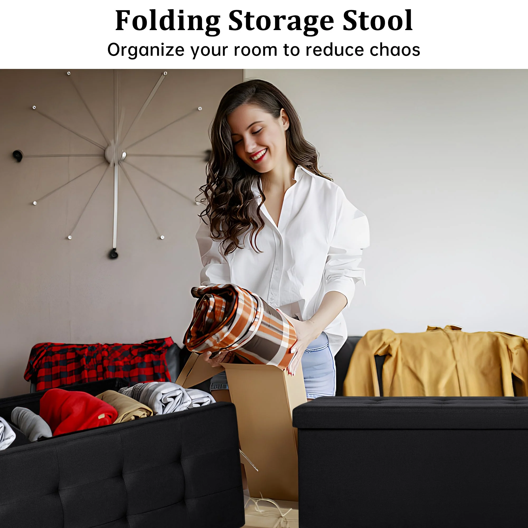 New Large Black Storage Ottoman Bench | Foldable Tufted Seat Chest | Bedroom, Entryway, or Living Room AM0TM110 - Image 7