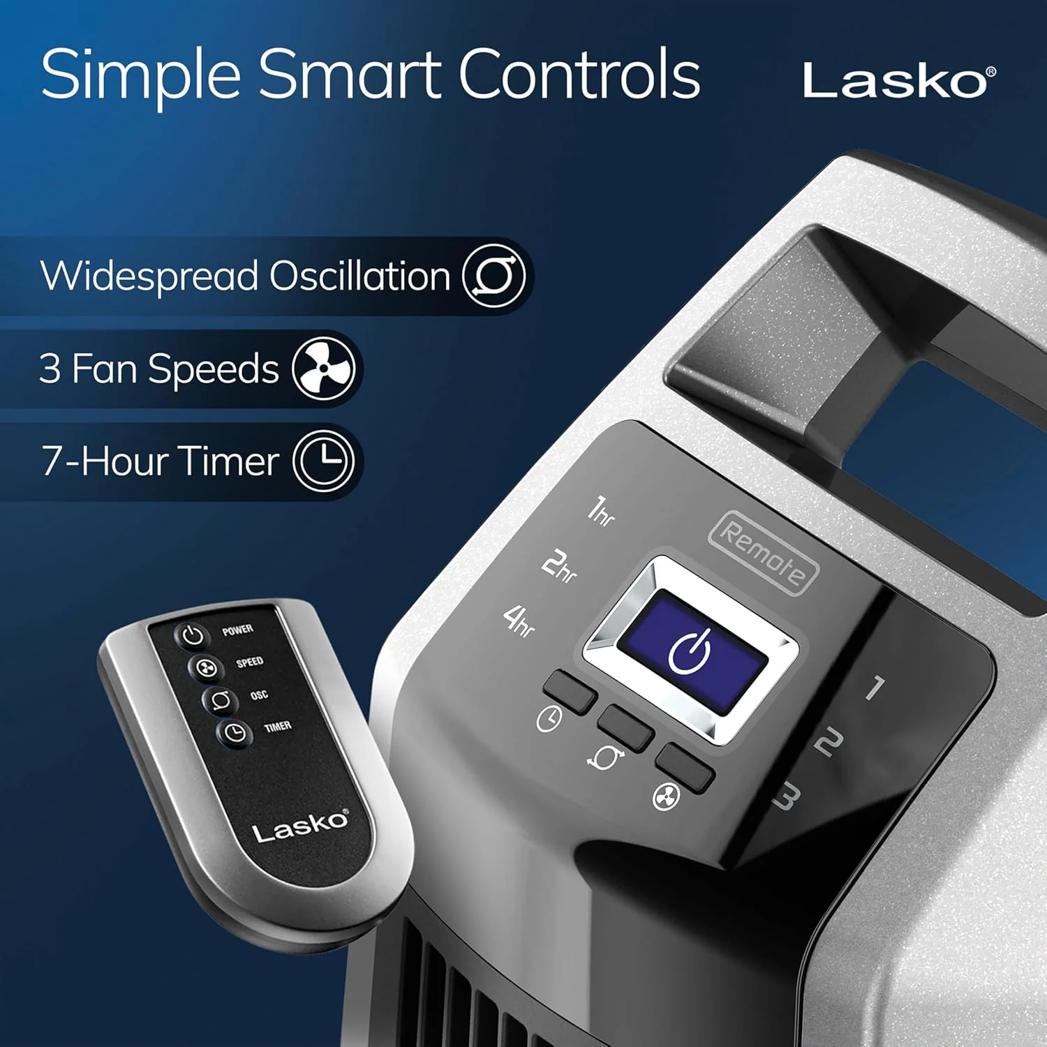 Lasko High Velocity Oscillating Tower Fan for Bedroom, Garage, Basement, and Gym with Remote Control, Timer, 3 Powerful Speeds, 35" Silver/Black, U35115 - Image 3