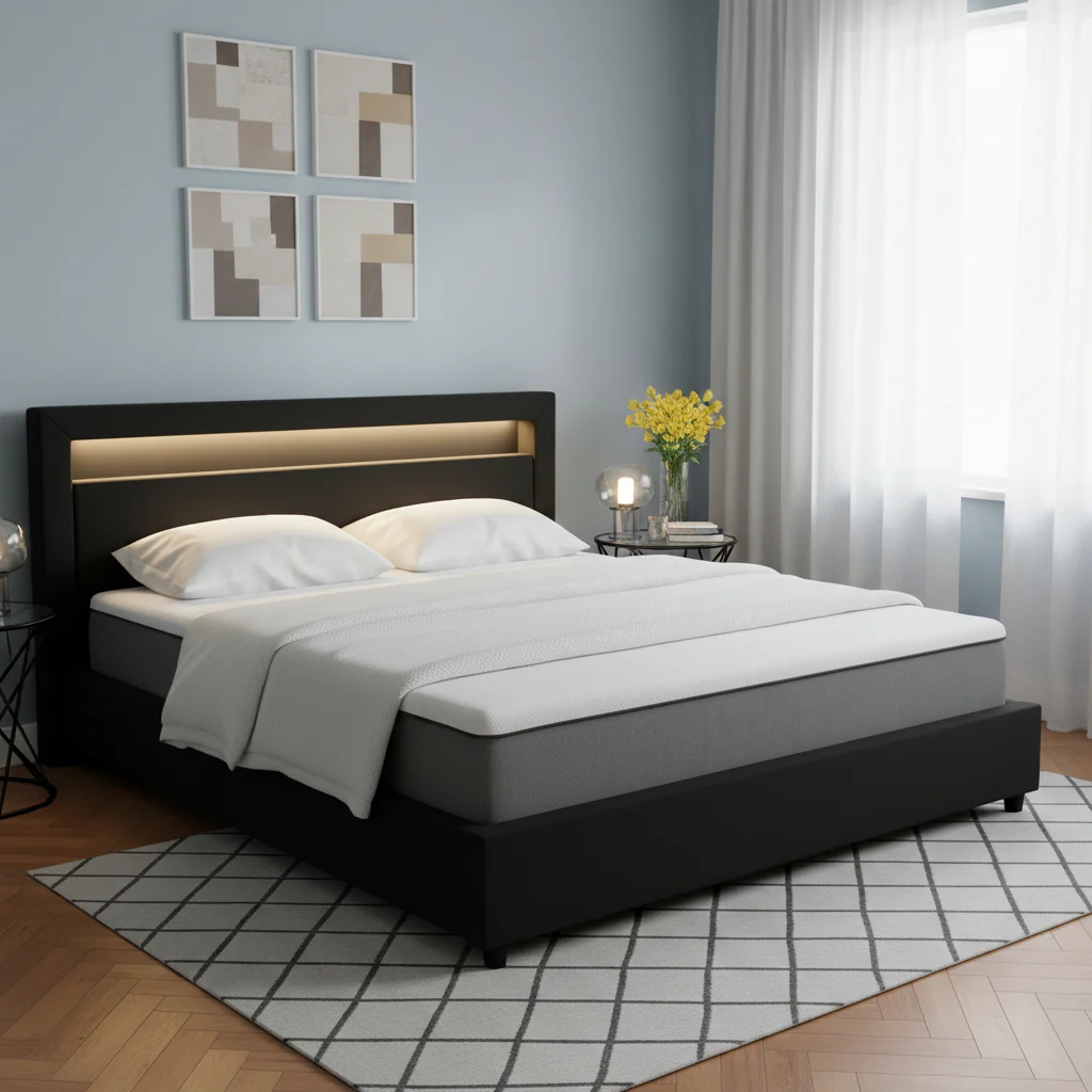 Modern Black LED Upholstered Bed Frame – Headboard & Light Strip | Twin, Full, Queen, King Sizes - Image 5