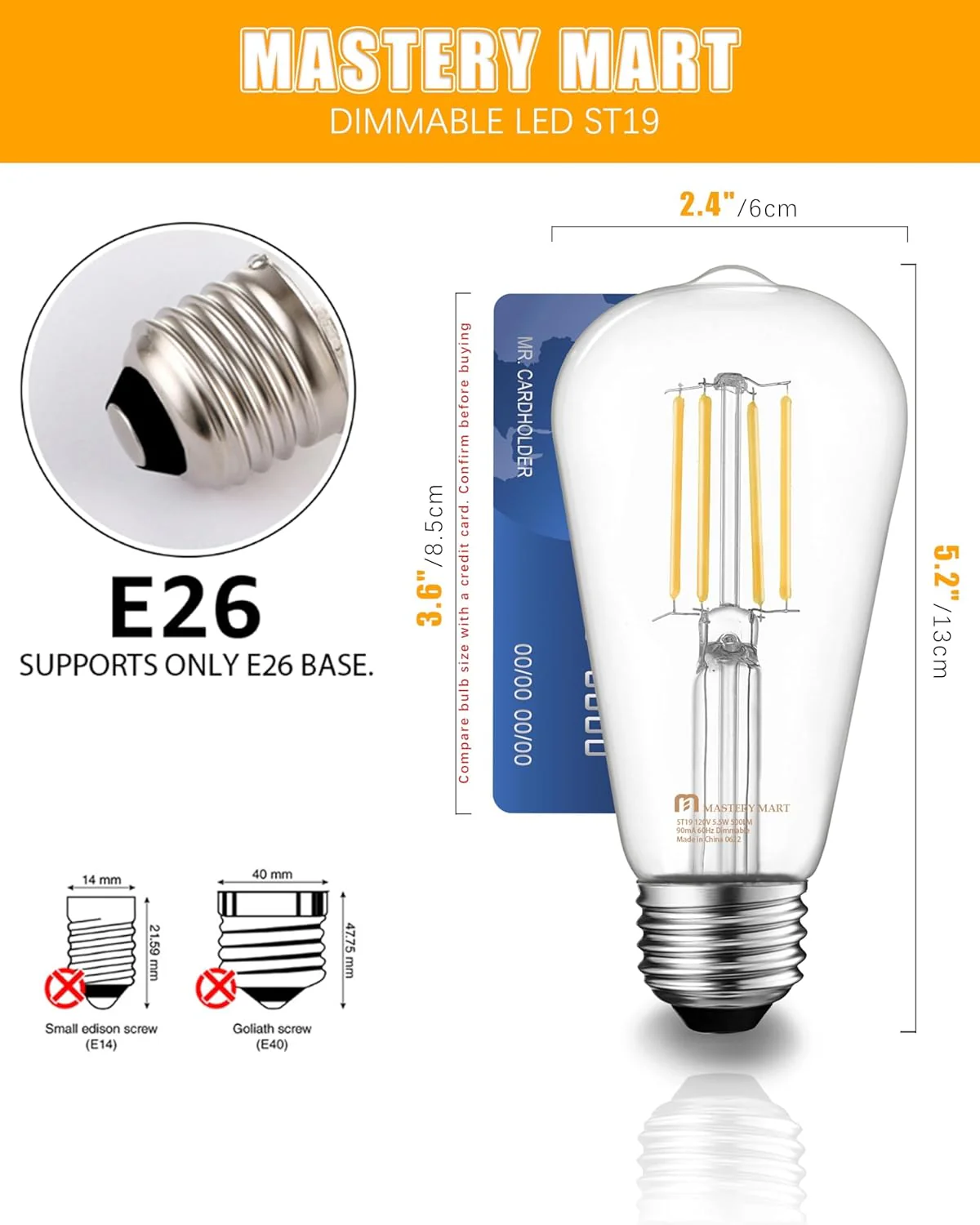 LED Edison Bulbs 10-Pack ST19/ST58 5.5W 2700K E26 – Vintage Filament Light Bulbs JXED10
