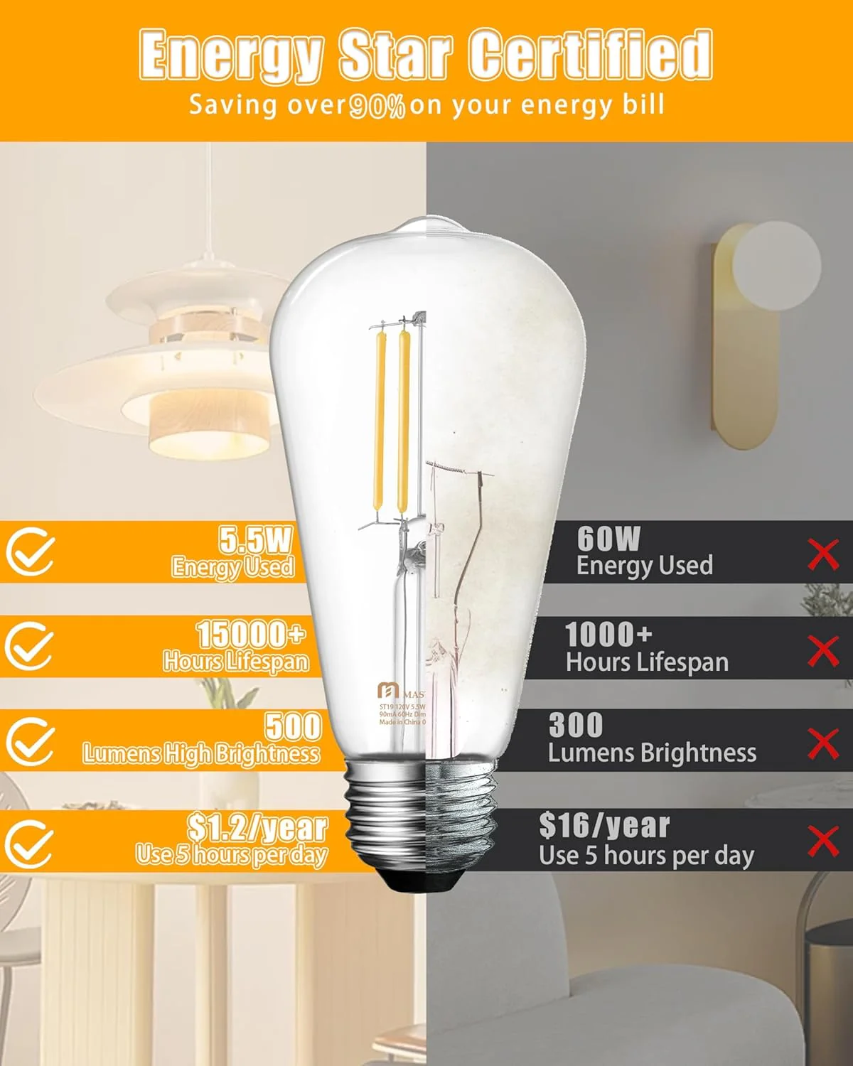 LED Edison Bulbs 10-Pack ST19/ST58 5.5W 2700K E26 – Vintage Filament Light Bulbs JXED10 - Image 5