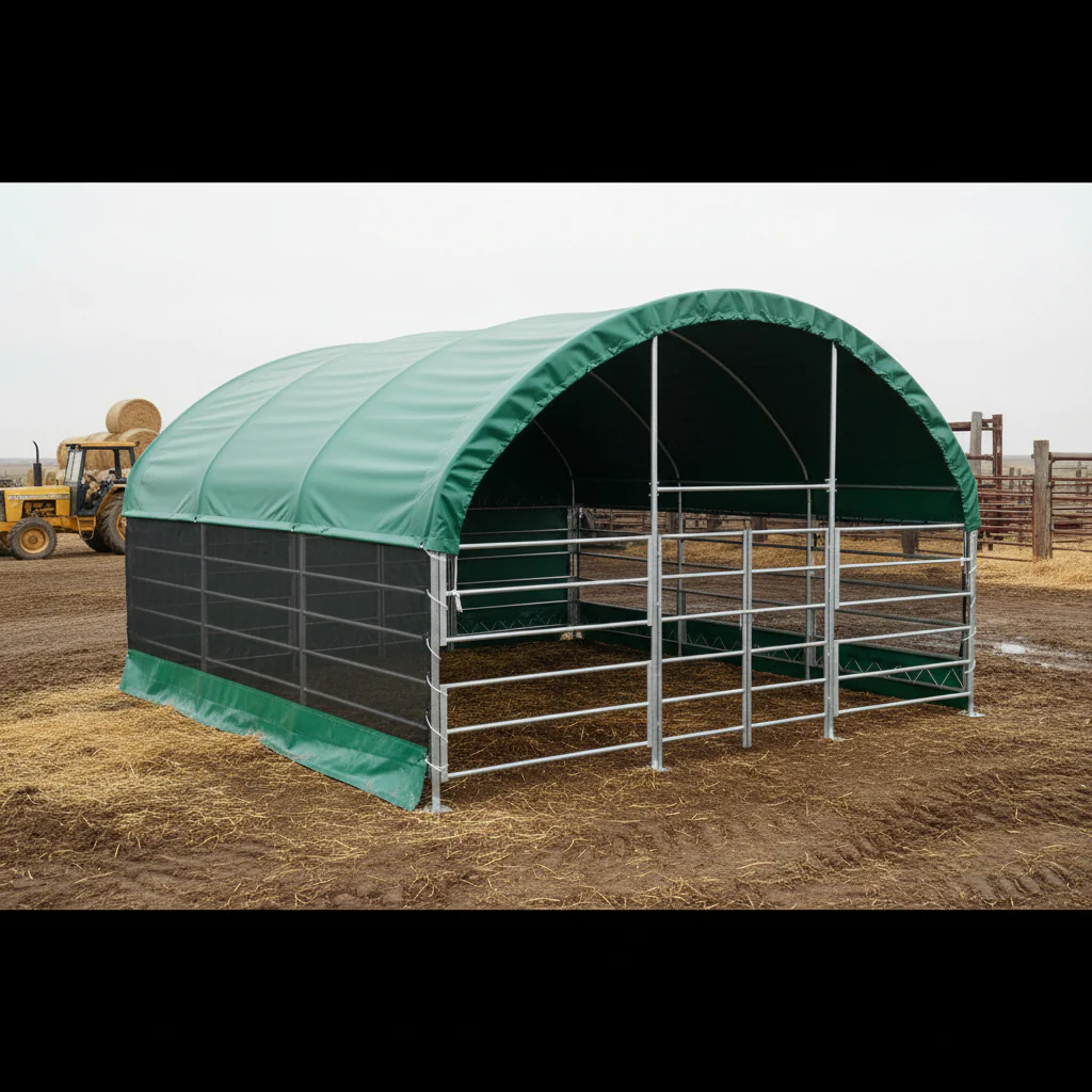 13, 26 32 ft & 40 ft Livestock Corral Shelter – 17oz Green PVC Cover, 6-Bar Panels & 5' Swing Gate