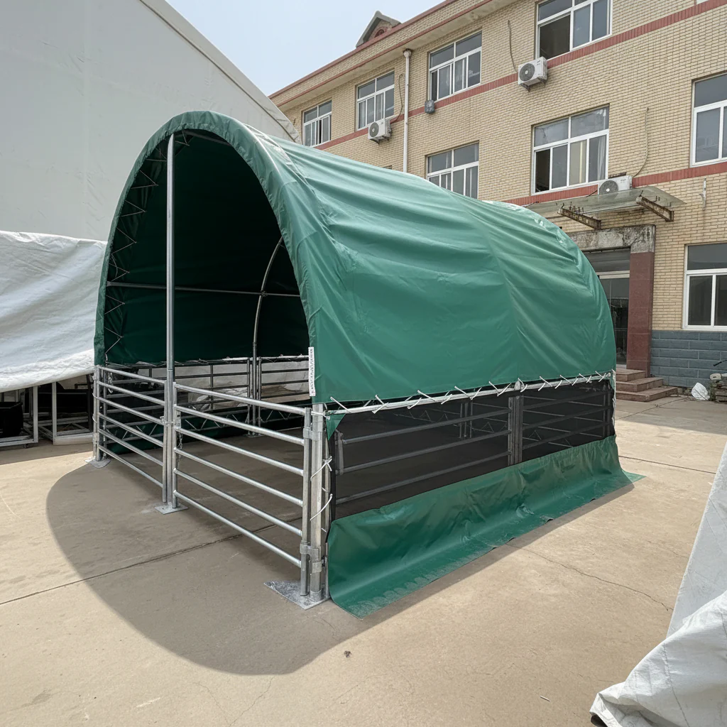 13, 26 32 ft & 40 ft Livestock Corral Shelter – 17oz Green PVC Cover, 6-Bar Panels & 5' Swing Gate - Image 10
