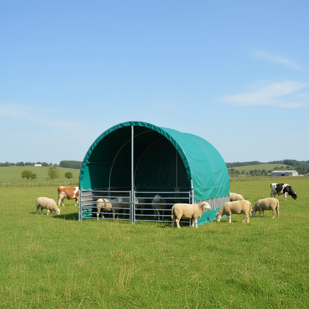 13, 26 32 ft & 40 ft Livestock Corral Shelter – 17oz Green PVC Cover, 6-Bar Panels & 5' Swing Gate - Image 11