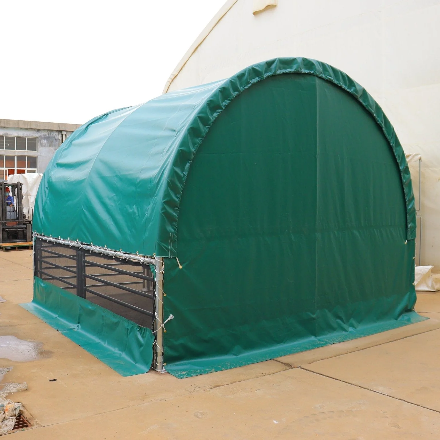 13, 26 32 ft & 40 ft Livestock Corral Shelter – 17oz Green PVC Cover, 6-Bar Panels & 5' Swing Gate - Image 2