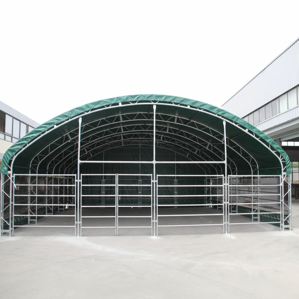 13, 26 32 ft & 40 ft Livestock Corral Shelter – 17oz Green PVC Cover, 6-Bar Panels & 5' Swing Gate - Image 3