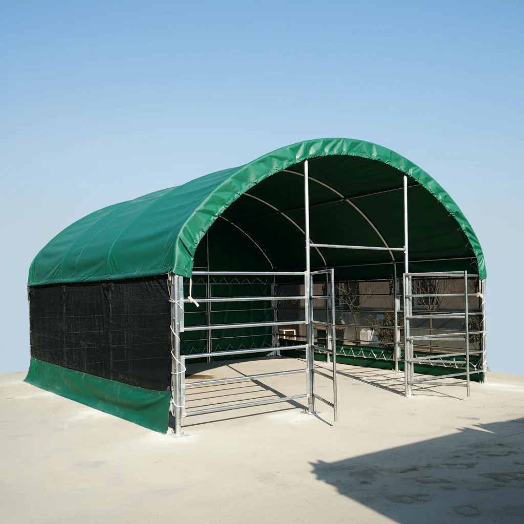 13, 26 32 ft & 40 ft Livestock Corral Shelter – 17oz Green PVC Cover, 6-Bar Panels & 5' Swing Gate - Image 5