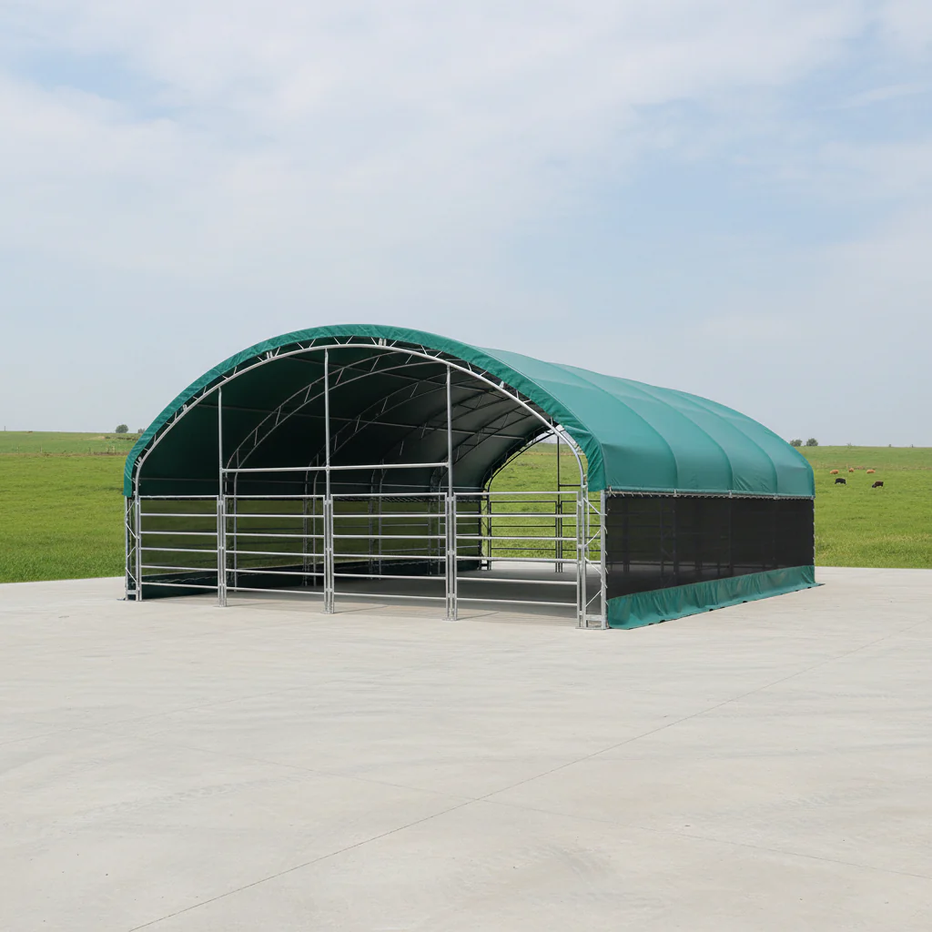 13, 26 32 ft & 40 ft Livestock Corral Shelter – 17oz Green PVC Cover, 6-Bar Panels & 5' Swing Gate - Image 6