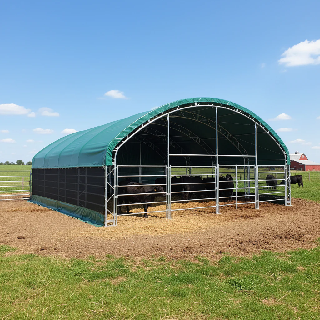 13, 26 32 ft & 40 ft Livestock Corral Shelter – 17oz Green PVC Cover, 6-Bar Panels & 5' Swing Gate - Image 8