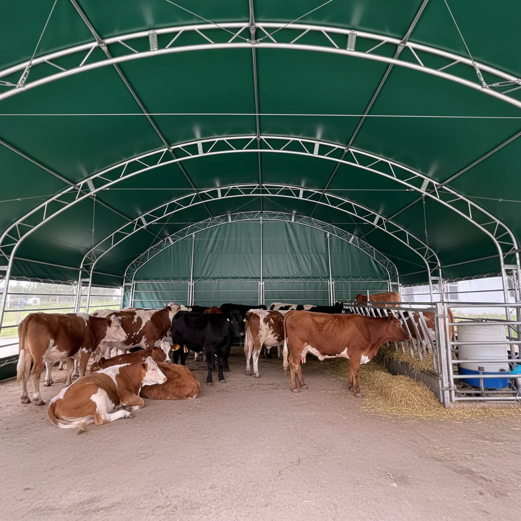 13, 26 32 ft & 40 ft Livestock Corral Shelter – 17oz Green PVC Cover, 6-Bar Panels & 5' Swing Gate - Image 9