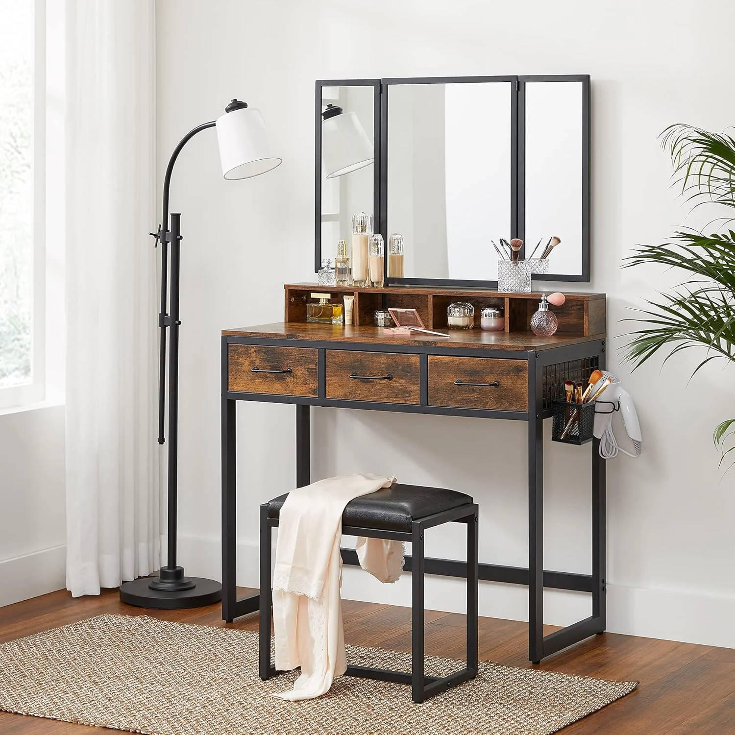 Makeup Vanity Dressing Table with Tri-Fold Mirror & Storage + Stool – S1324