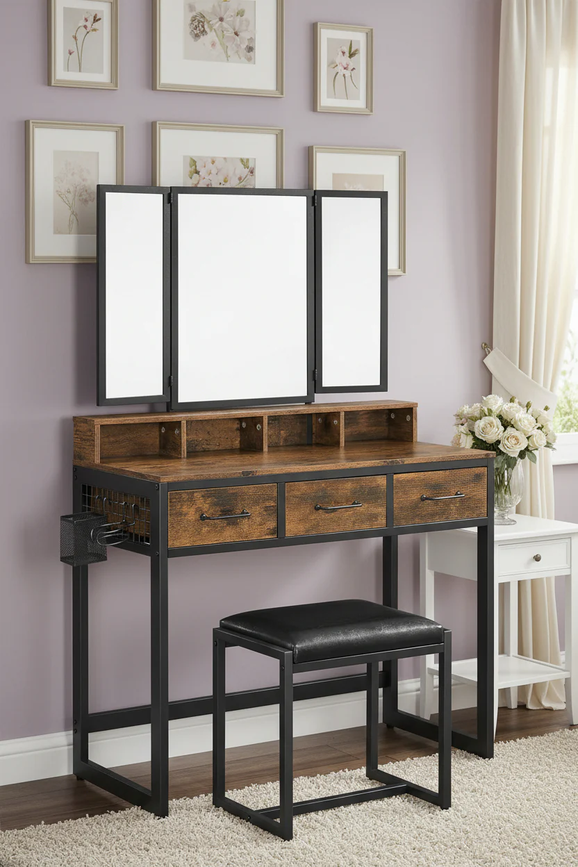Makeup Vanity Dressing Table with Tri-Fold Mirror & Storage + Stool – S1324 - Image 2