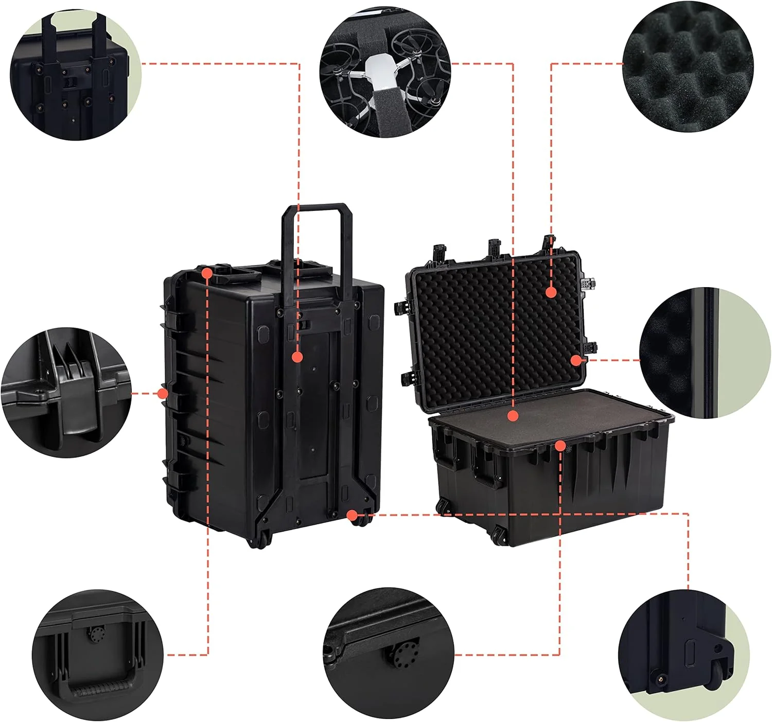 MEIJIA Portable All Weather Waterproof Camera Case,Customizable Fit Foam with Rolling Wheels and Retractable Pull Handle,33.25"X24.4"X19.3" - Image 4