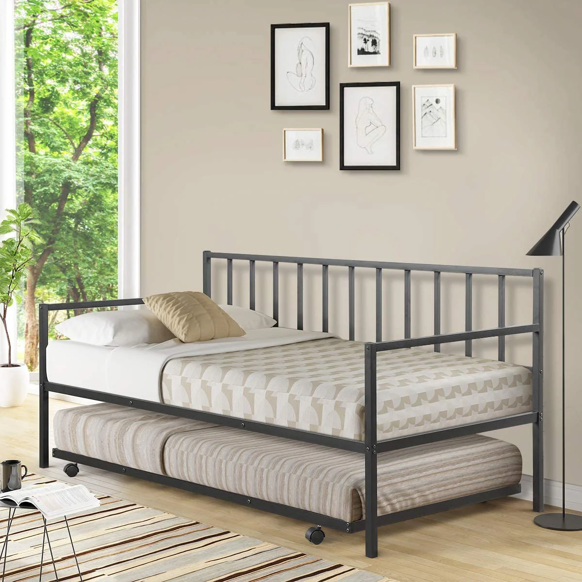 Metal Twin Size Daybed with Trundle Frame Set – Space-Saving Sofa Bed Conversion - Image 3