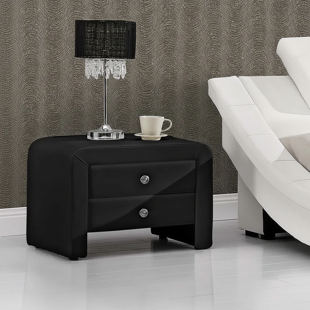 Modern 2-Drawer Upholstered Bedside Table Nightstand – Faux Leather Finish - Image 3