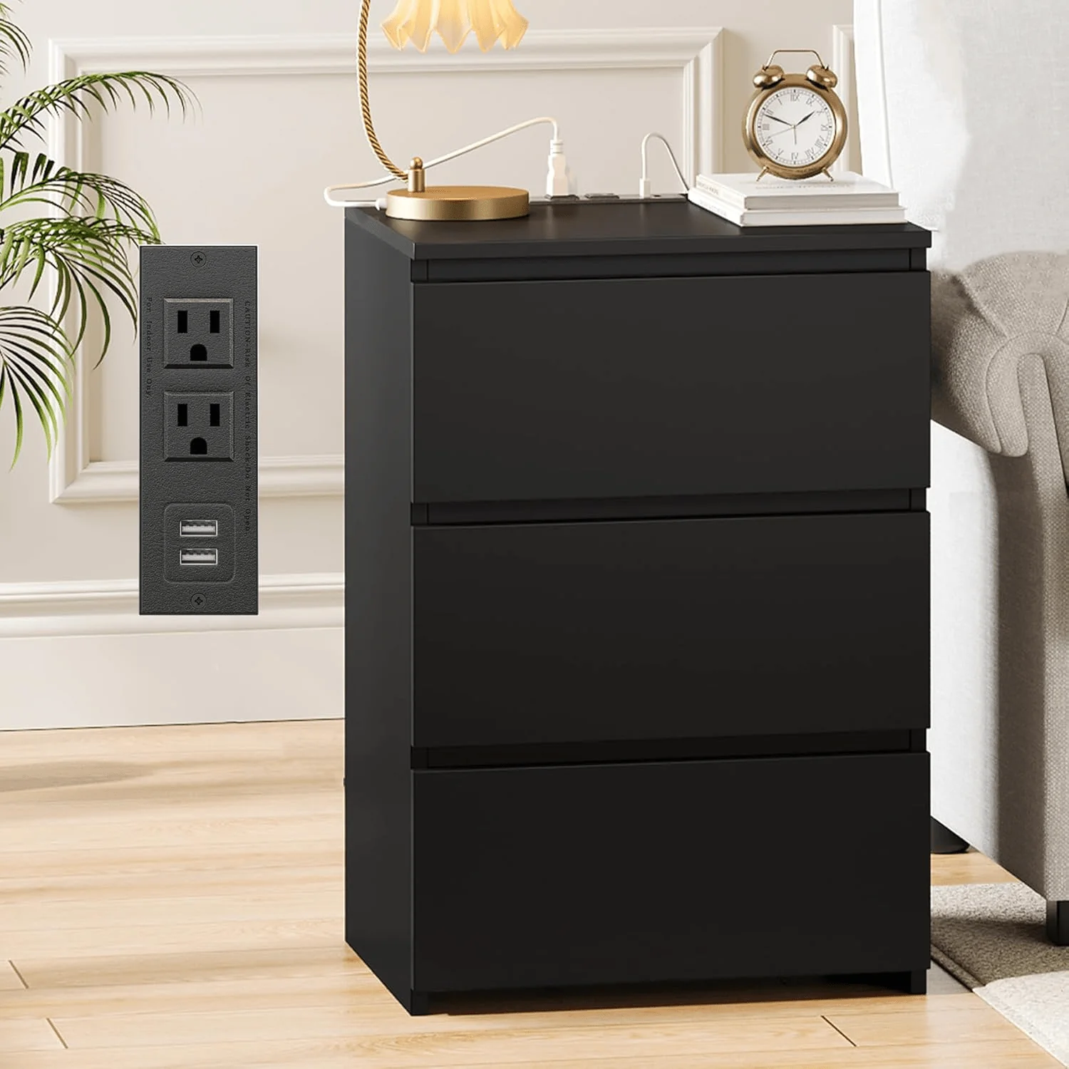 Modern 3 Drawer Bedroom Dresser Cabinet with USB Charging Station – Black & White Options