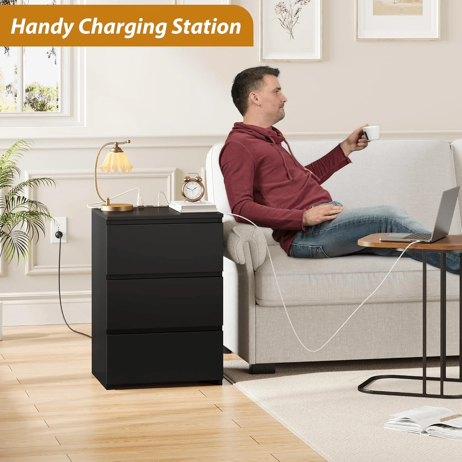 Modern 3 Drawer Bedroom Dresser Cabinet with USB Charging Station – Black & White Options - Image 3
