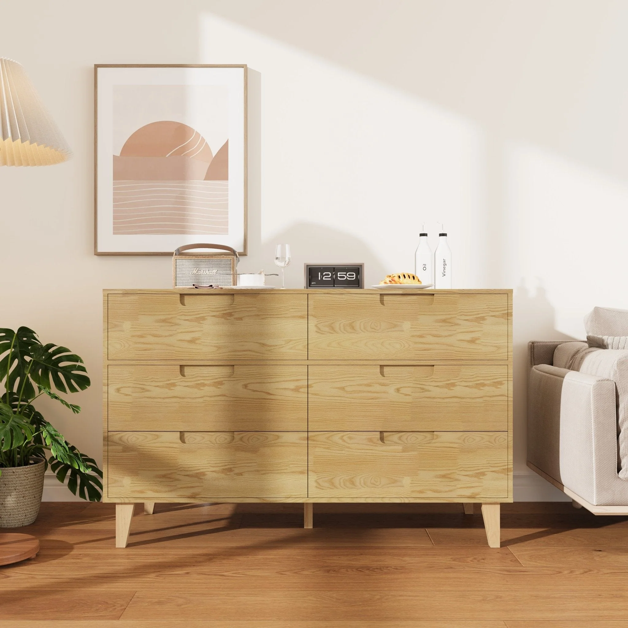 Modern 6-Drawer Storage Dresser | Wooden Legs & Natural Wood Finish Cabinet for Bedroom or Entryway