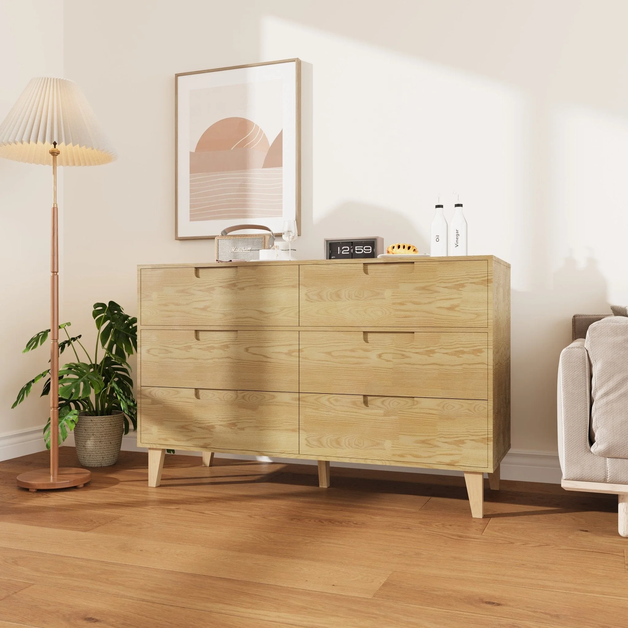Modern 6-Drawer Storage Dresser | Wooden Legs & Natural Wood Finish Cabinet for Bedroom or Entryway - Image 3